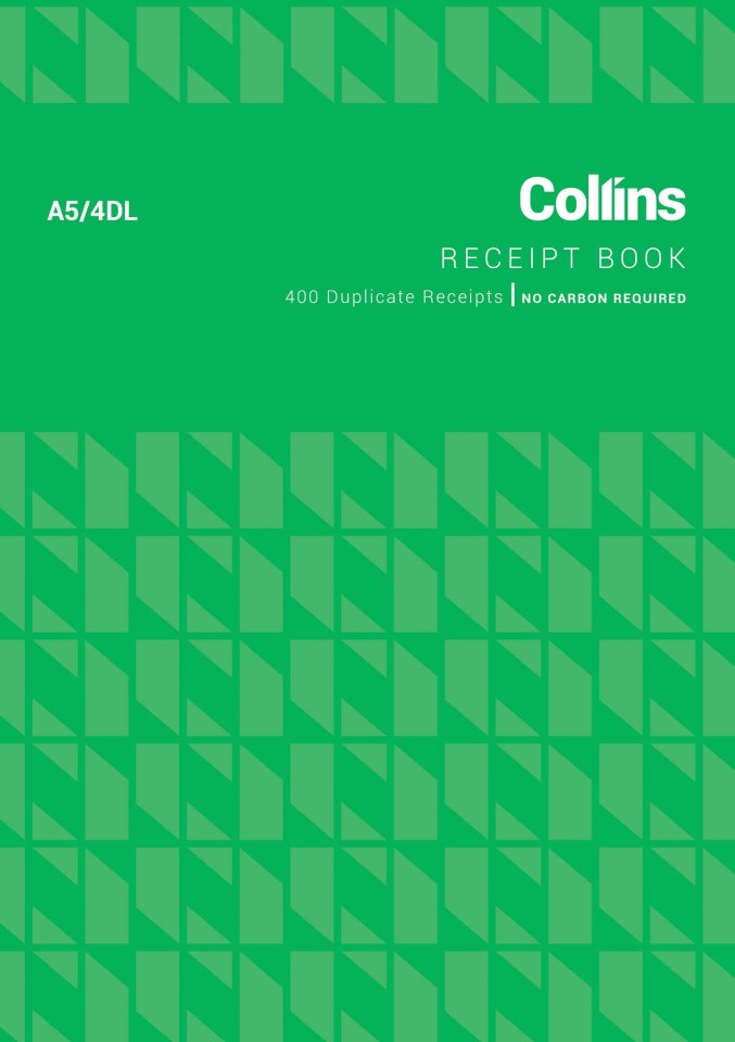 Collins Cash Receipt Book No Carbon Required A5/4DL 100 Duplicate