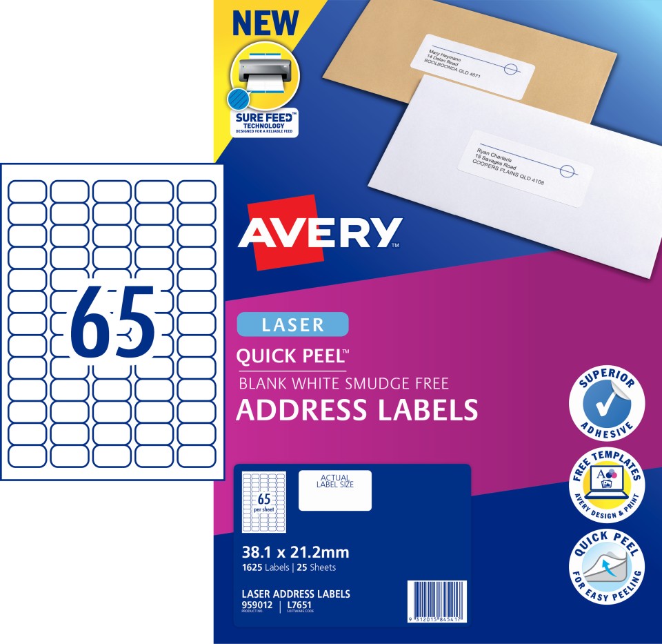 Avery Quick Peel Address Labels Sure Feed Laser Printers 38.1 x 21.2mm 1625 Labels (959012 / L7651)