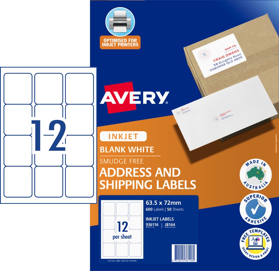 Avery Quick Peel Address Sure Feed Inkjet Printers 63.5 X 72mm Pack 600 Labels (936063 / J8164)