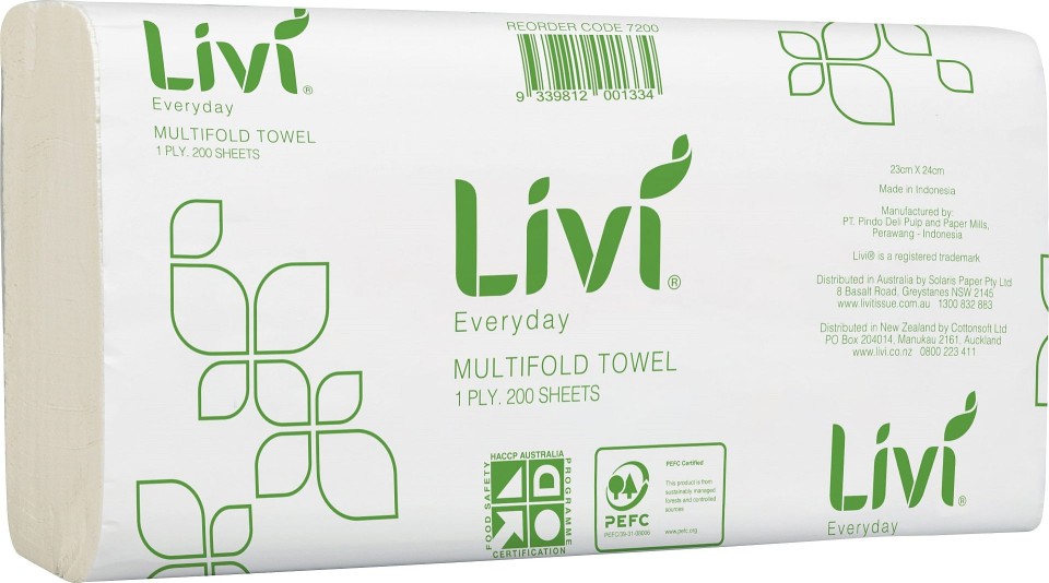 Livi Everday 7200 Slimfold Hand Towel 1 Ply 200 sheets per pack White Case of 20