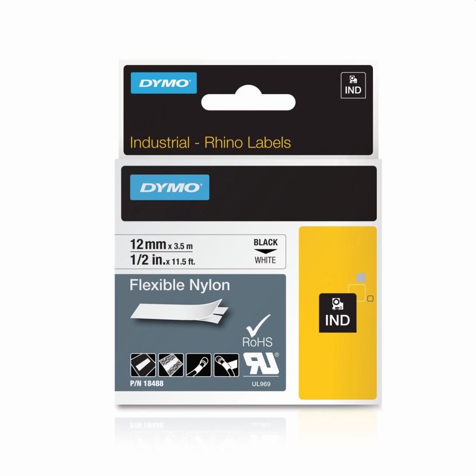 Dymo Rhino Flexible Nylon Label Tape Black On White 12mmx3.5m