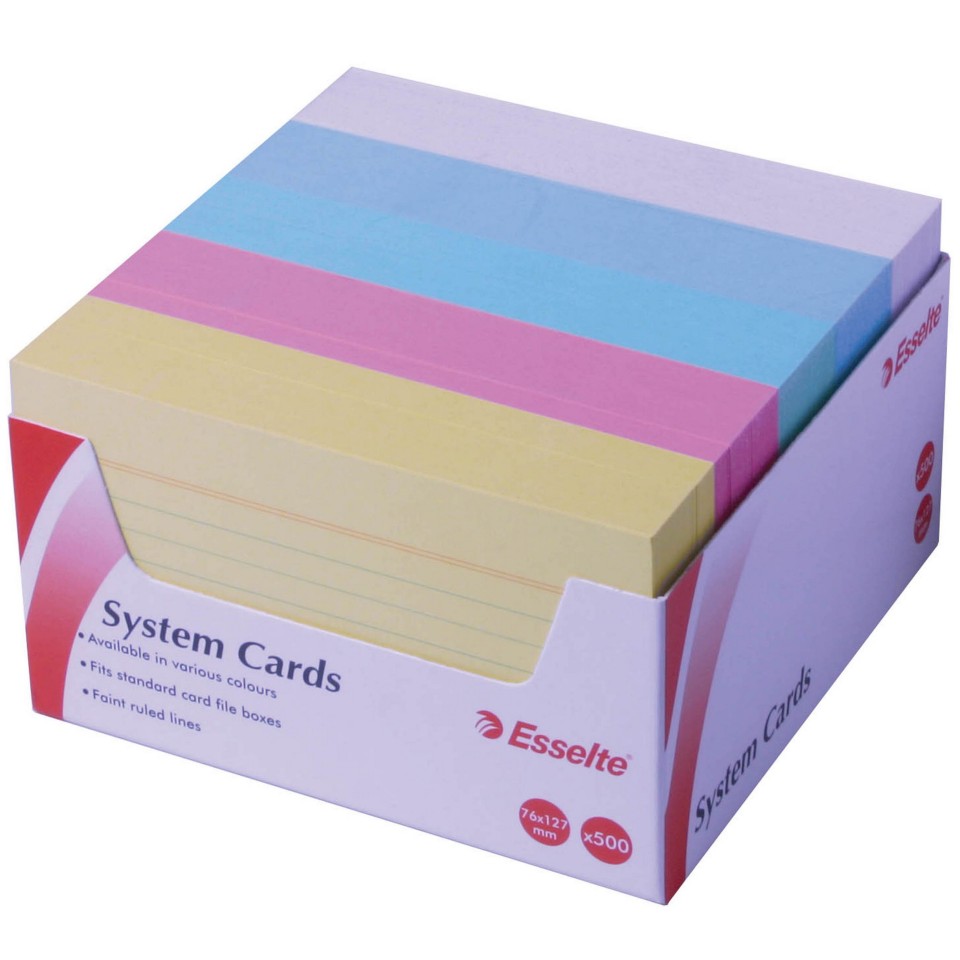Esselte System Cards Ruled 127 x 76mm (5 x 3) Assorted Colours Box 500