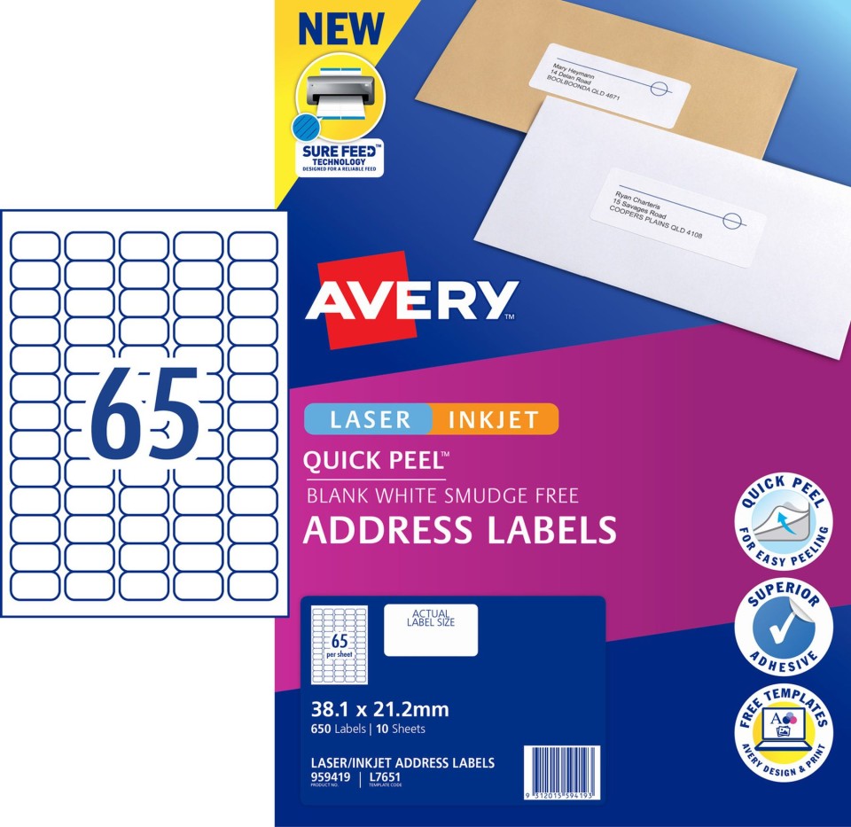Avery Quickpeel Address Surefeed Laser&inkjet Printers 38.1 X 21.2mm Pack 650 Labels (959419/l7651)