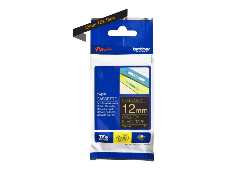 Brother P-Touch Labelling Tape Laminating TZe-334 12mmx8m Gold On Black