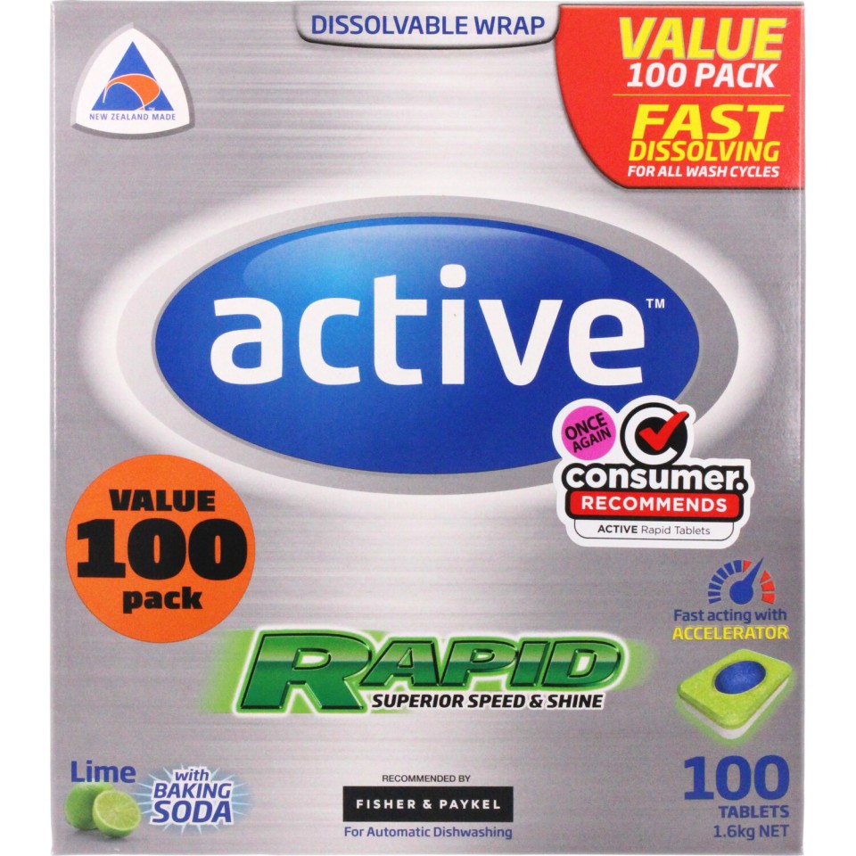 Active Rapid Dishwasher Tablets Lime with Baking Soda Box of 100