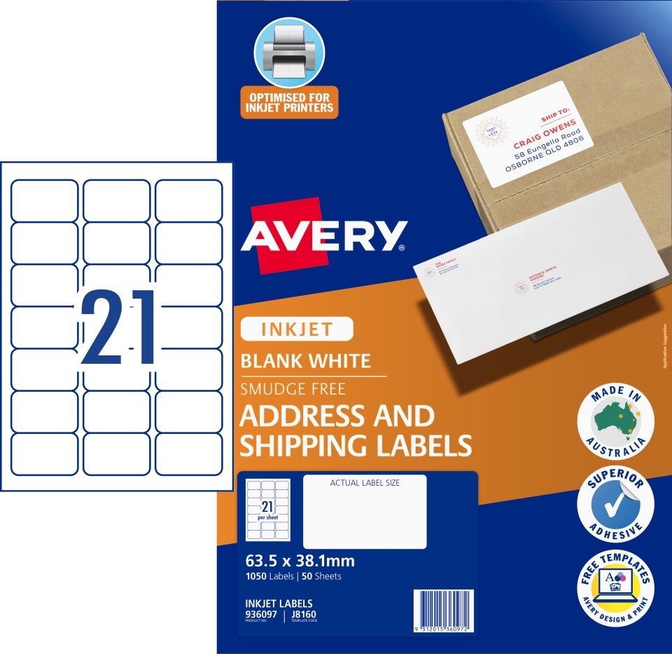 Avery Address Labels Sure Feed Inkjet Printers 63.5x38.1mm 21 Per Sheet 1050 Labels 936047 / J8160