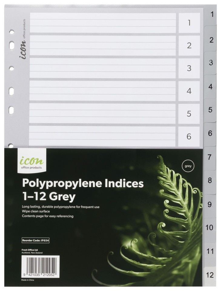 Icon Indices Polypropylene Tabs 1-12 A4 Grey