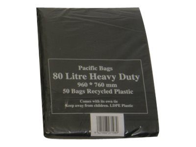 Pacific Rubbish Bag LDPE 80 Litre Black 760mm x 960mm 33 micron Pack of 50 / Carton of 5
