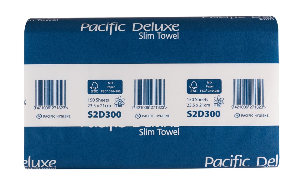 Pacific Deluxe Slim Premium Hand Towel 2 Ply 150 Sheets per pack White Carton 12
