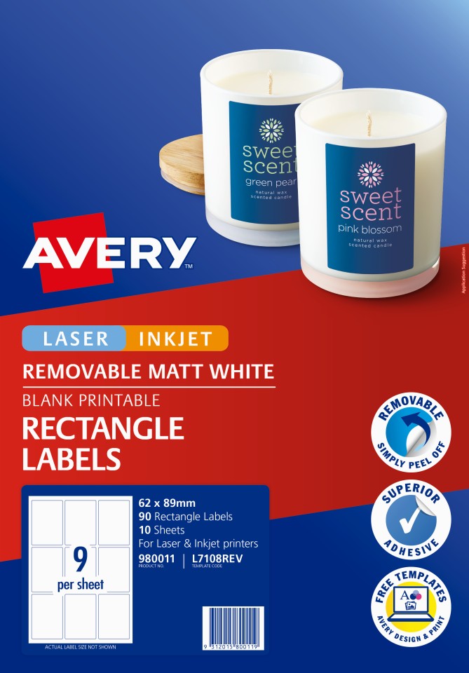 Avery Removable Labels Laser Inkjet Printers 62x89mm 9 Per Sheet 90 Labels 980011 / L7108REV