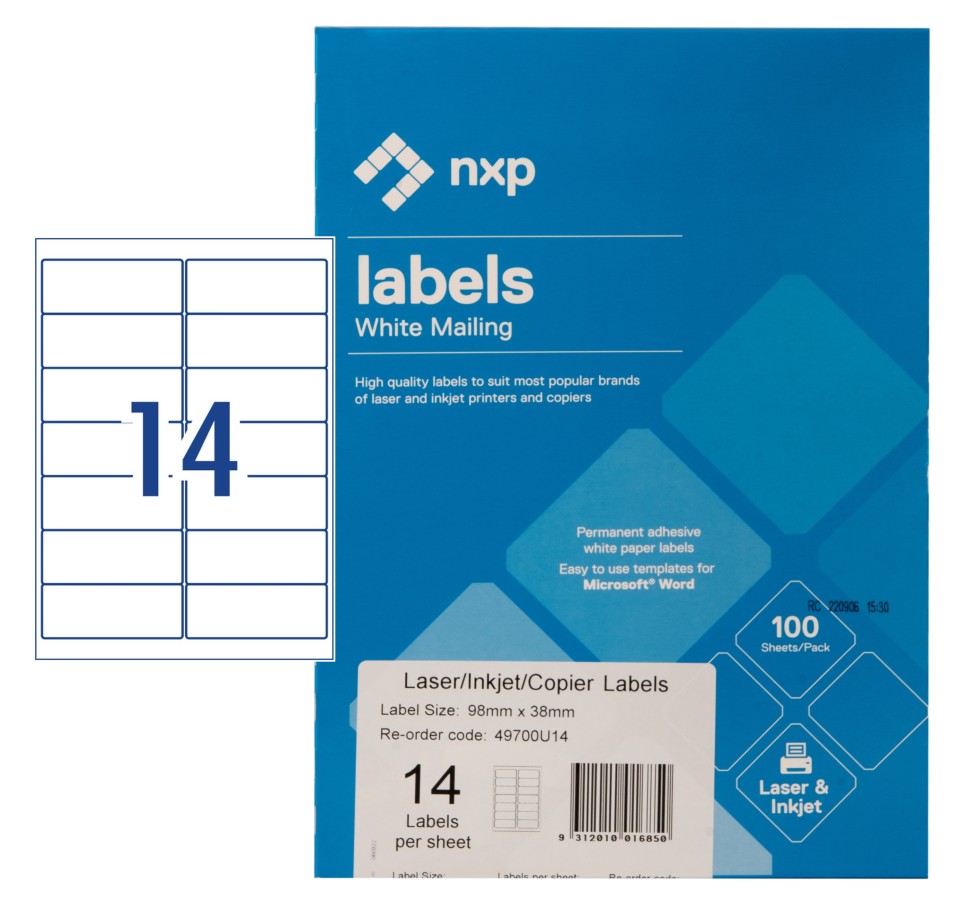 NXP Multi-Purpose Labels Laser Inkjet 98x38mm 14 Per Sheet 1400 Labels