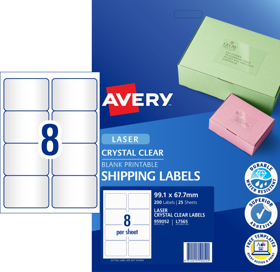 Avery Shipping Labels Crystal Clear Laser Printers 99.1x67.7mm 200 Labels 959052 / L7565