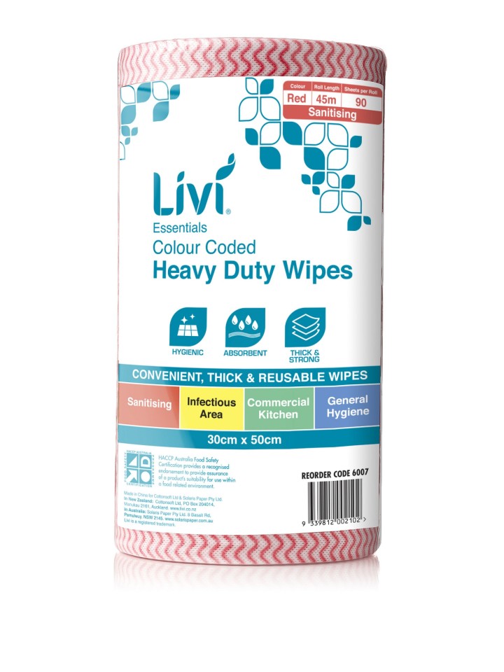 Livi Essentials Colour Coded Heavy Duty Wipes 90 Sheets per roll Red Carton 4