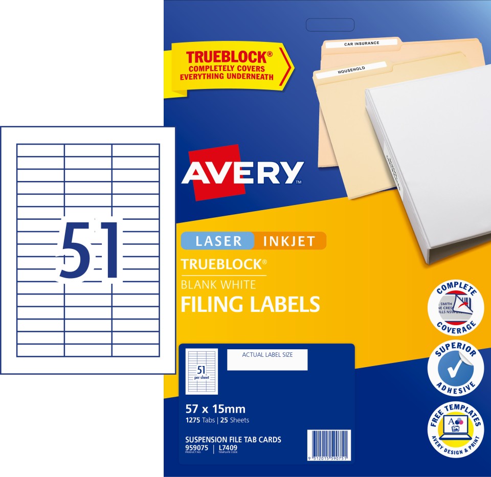 Avery Suspension Tab Filing Cards for Laser Inkjet Printers 57 x 15mm 1275 Labels (959075 / L7409)
