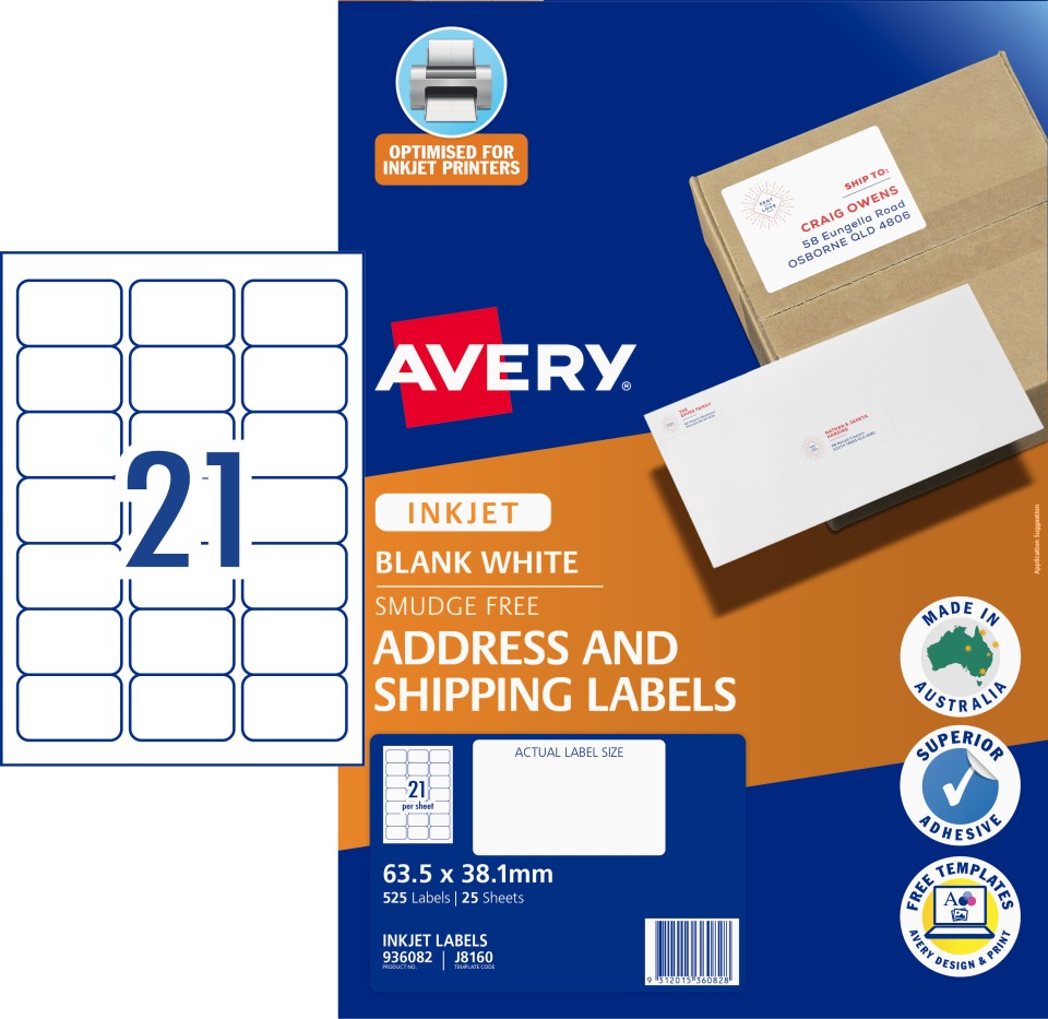 Avery Quick Peel Address Labels Sure Feed Inkjet Printers 63.5 X 38.1mm 525 Labels (936032 / J8160)
