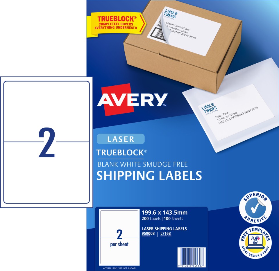 Avery Shipping Labels Trueblock Laser Printer 959008/L7168 199.6x143.5mm White Pack 200 Labels