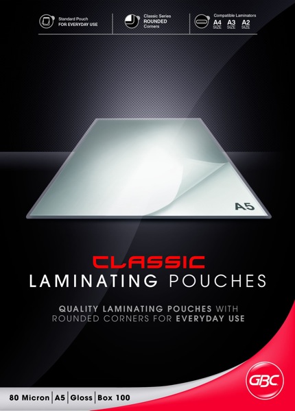 GBC Laminating Pouches Gloss A5 80 Micron Pack 100