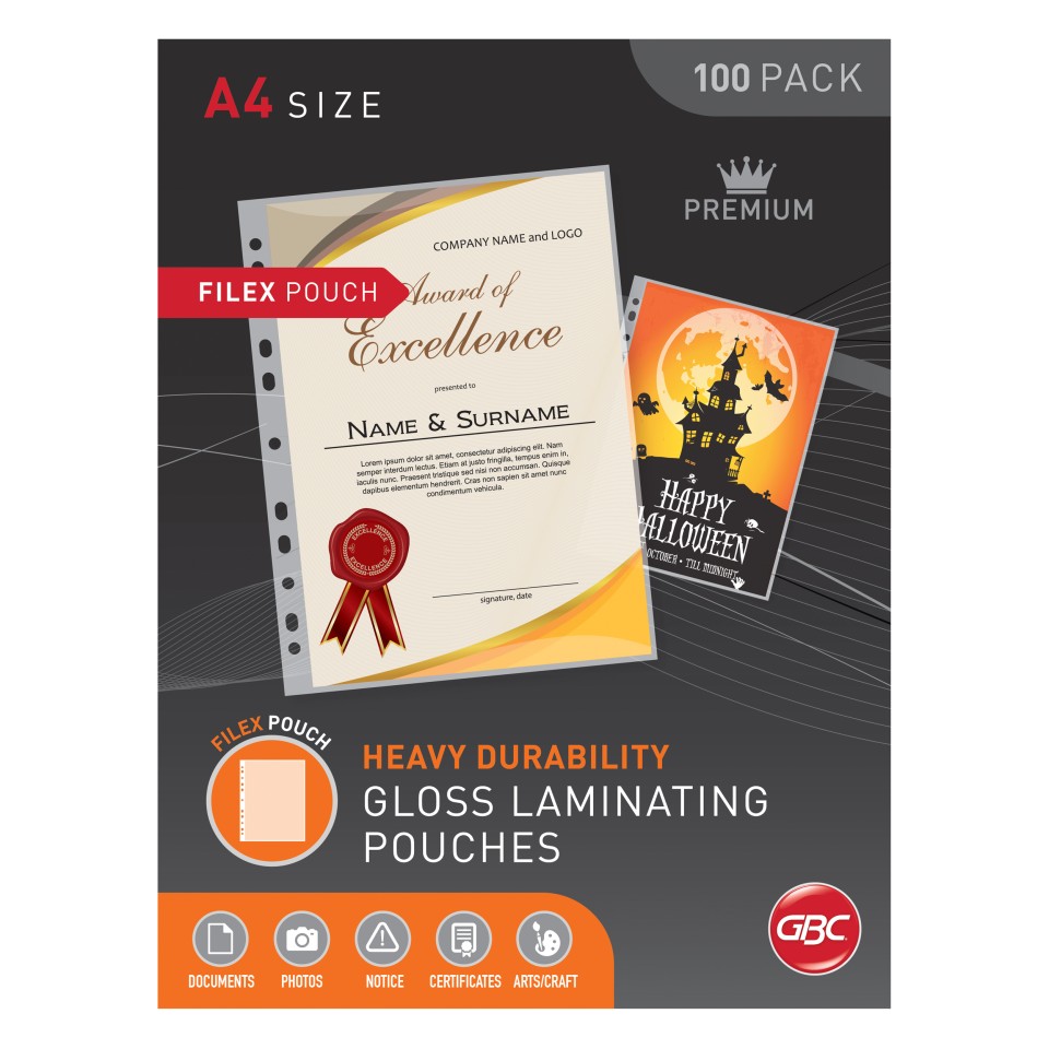GBC Gloss Filex Laminating Pouches 125 Micron A4 Pack 100