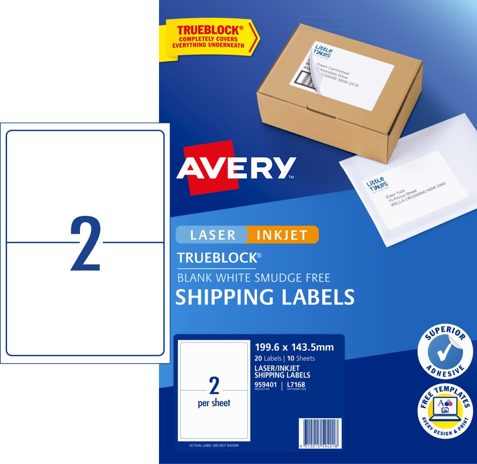 Avery Internet Shipping Labels for Laser Inkjet Printers 199.6 x 143.5mm 20 Labels (959401 / L7168)