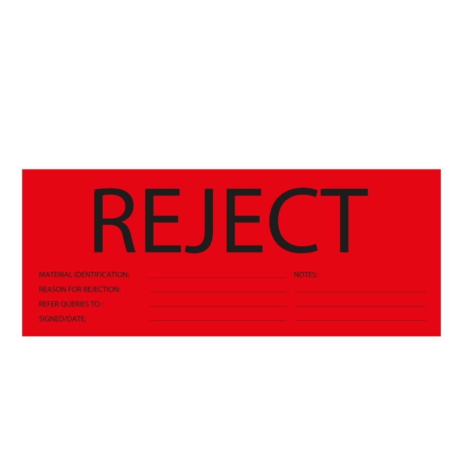 Rip Stick Label Reject Black On Red 72mm X 150mm