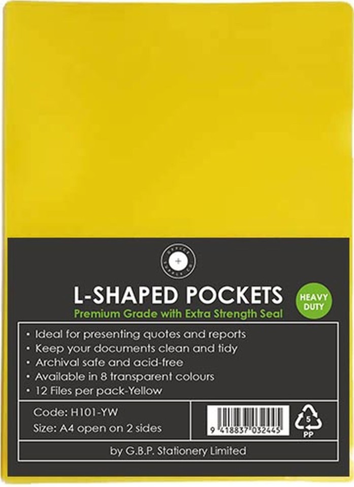 OSC L Shaped Pockets Heavy Duty A4 Yellow Pack 12