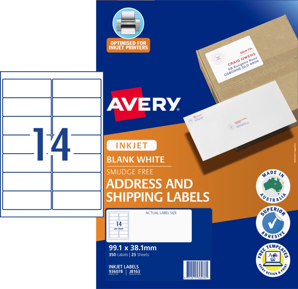 Avery Quick Peel Address Sure Feed Inkjet Printers 99.1 X 38.1 Mm Pack 350 Labels (936028 / J8163)