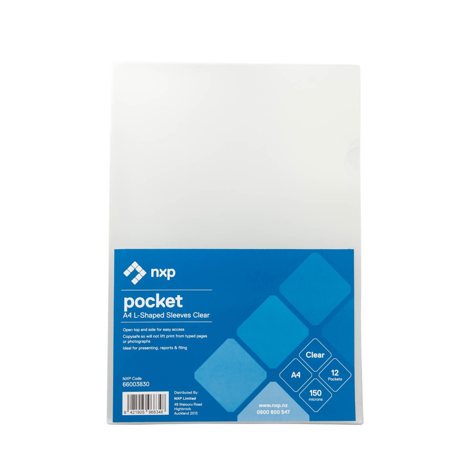 NXP L Shaped Pockets A4 150 Micron Clear Pack 12