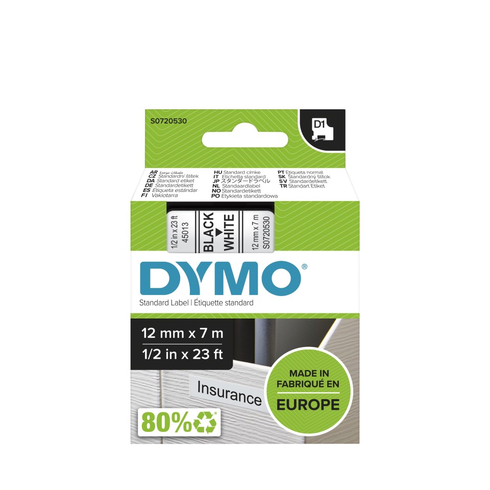 Dymo D1 Label Printer Tape 12mm x 7m Black on White