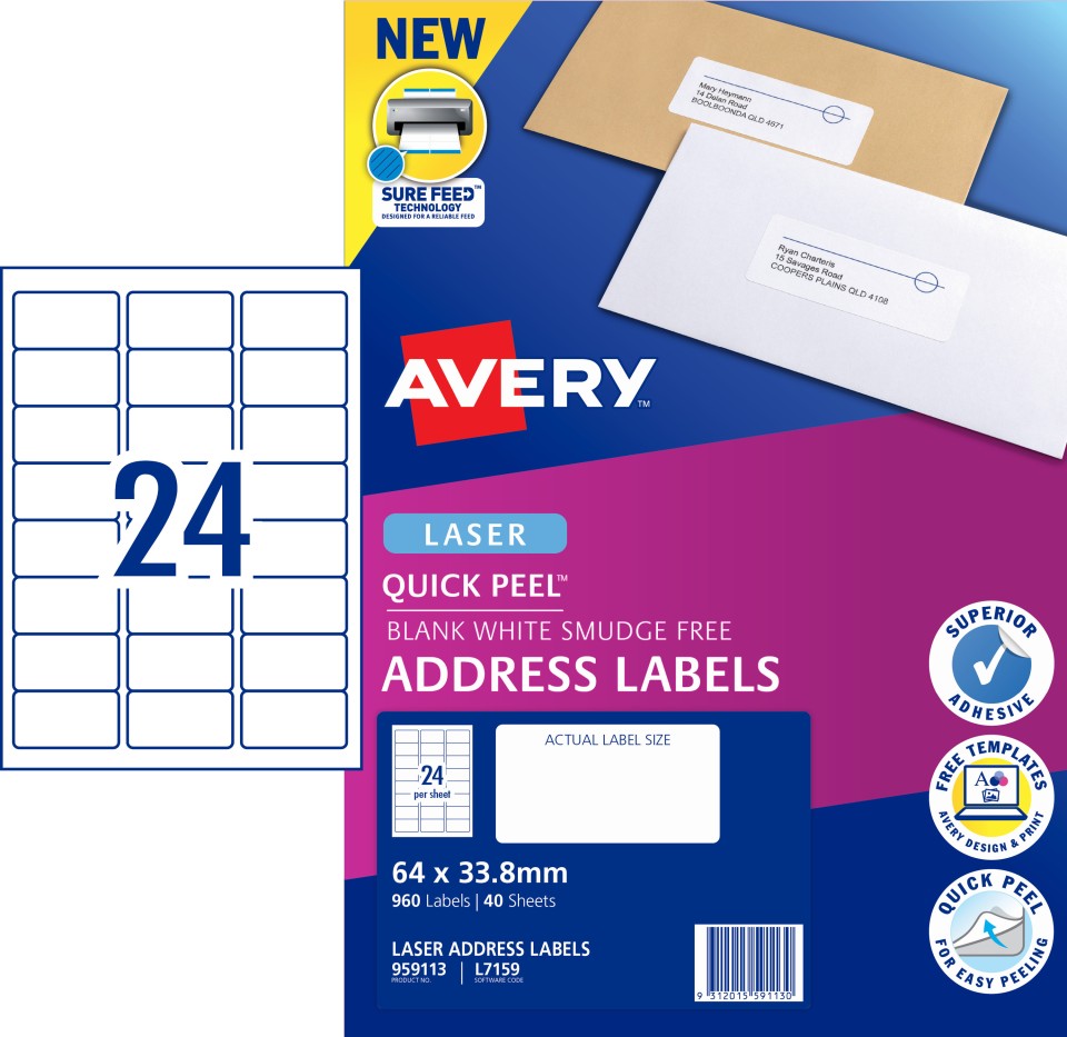 Avery Quick Peel Address Sure Feed Laser Printers 64 X 33.8mm Pack 960 Labels (959113 / L7159)