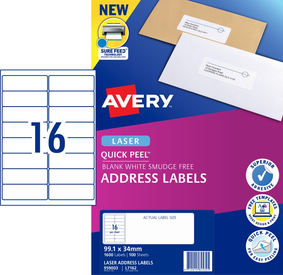 Avery Address Labels Sure Feed Laser Printer 959003/L7162 99.1x34mm 16 Per Sheet Pack 1600 Labels