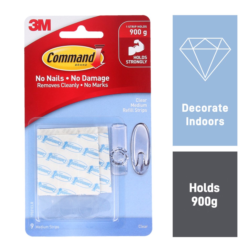 3M Command Medium Refill Strips Clear Pack 9