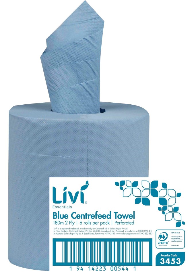 Livi Essentials 3453 Centre Feed Towel 2 ply 180 meters per roll Blue Case of 6