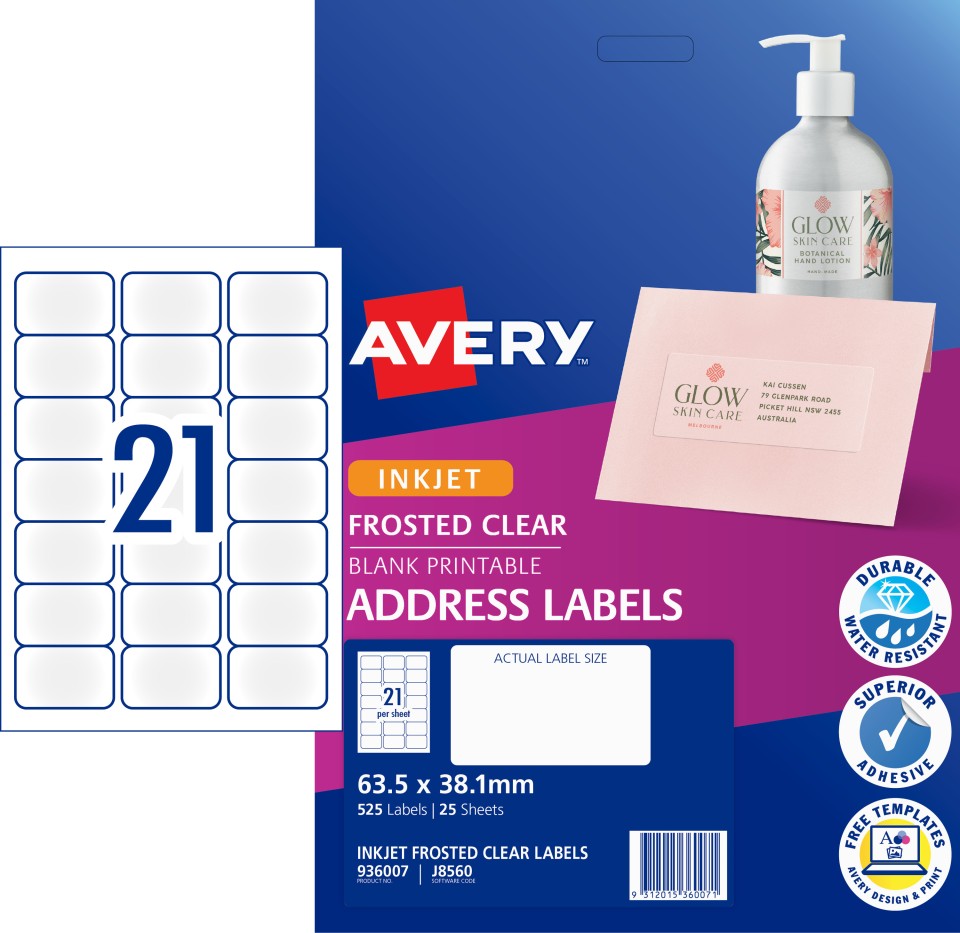 Avery Frosted Clear Address Labels Inkjet Printers, 63.5 x 38.1 mm, 525 Labels (936007 / J8560)