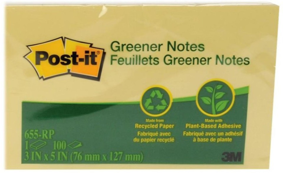Post-it Greener Recycled Notes 655 76x127mm Yellow 100 Sheets Each