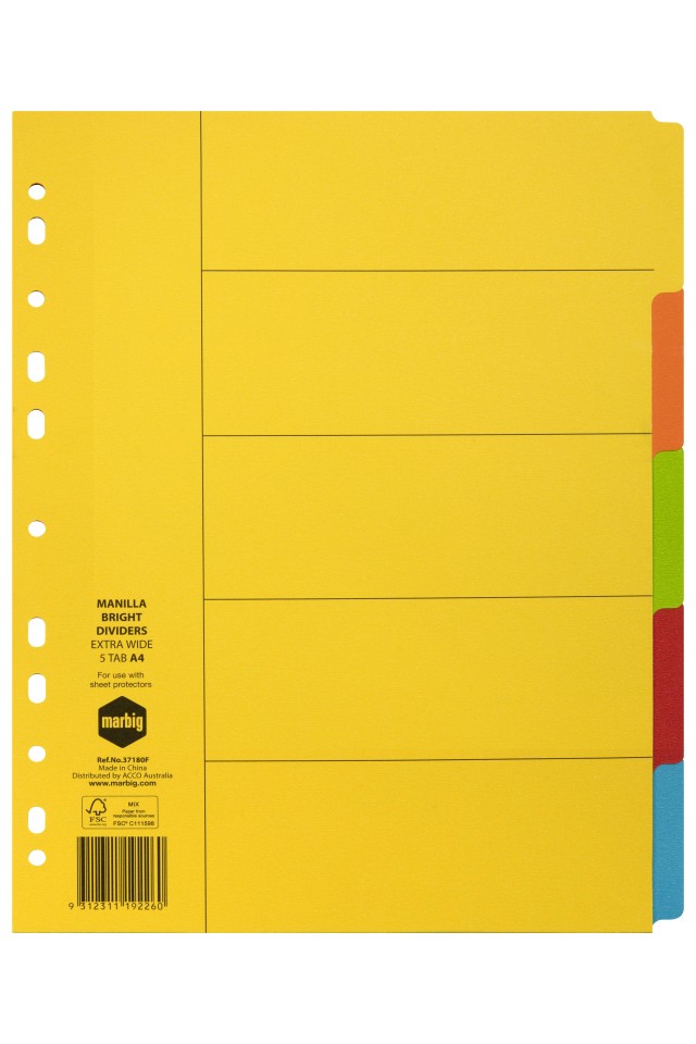 Marbig Dividers Manilla 5 Tab A4 Extra Wide Bright Colours