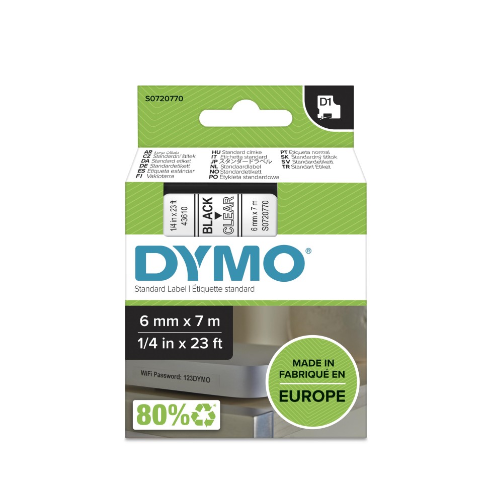 Dymo D1 Label Printer Tape Black On Clear 6mmx7m