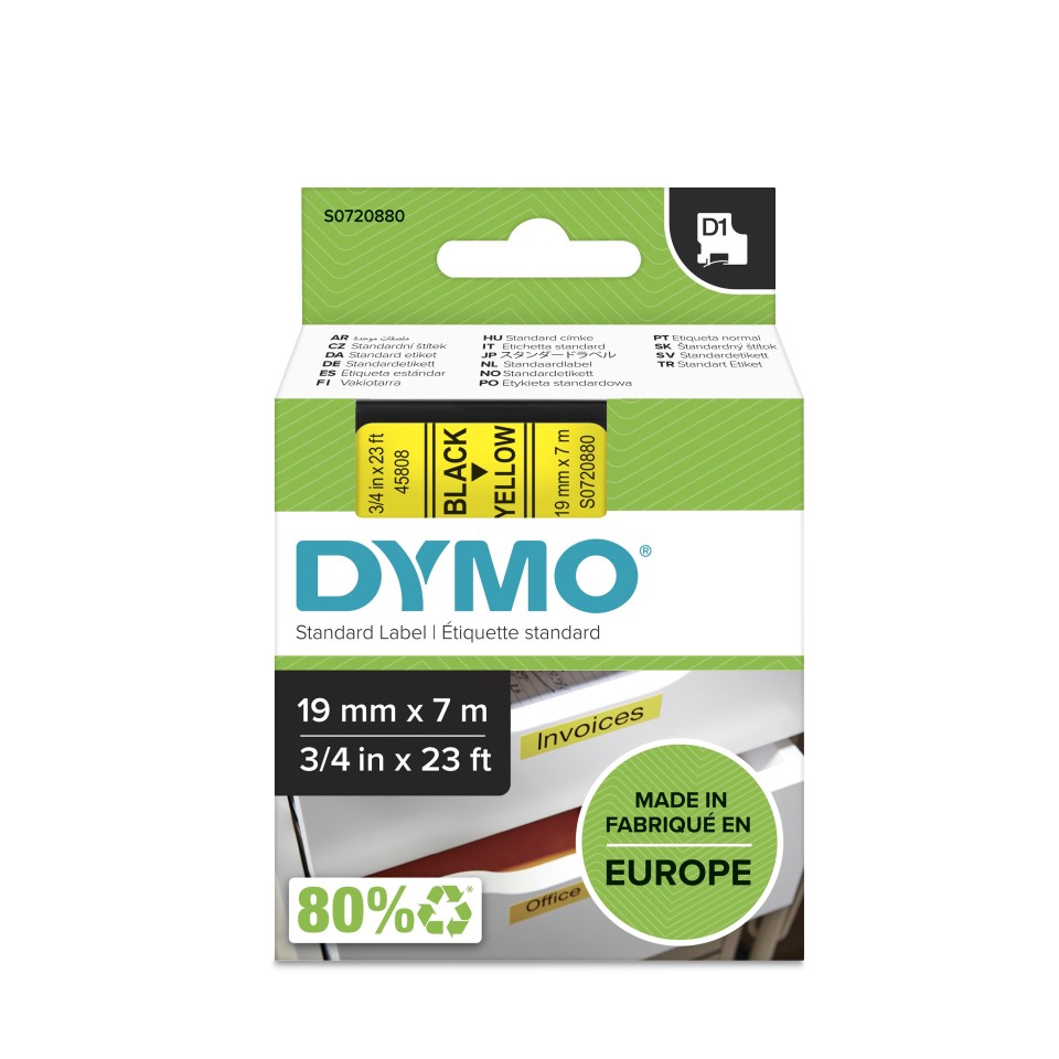 Dymo D1 Label Printer Tape Black On Yellow 19mmx7m