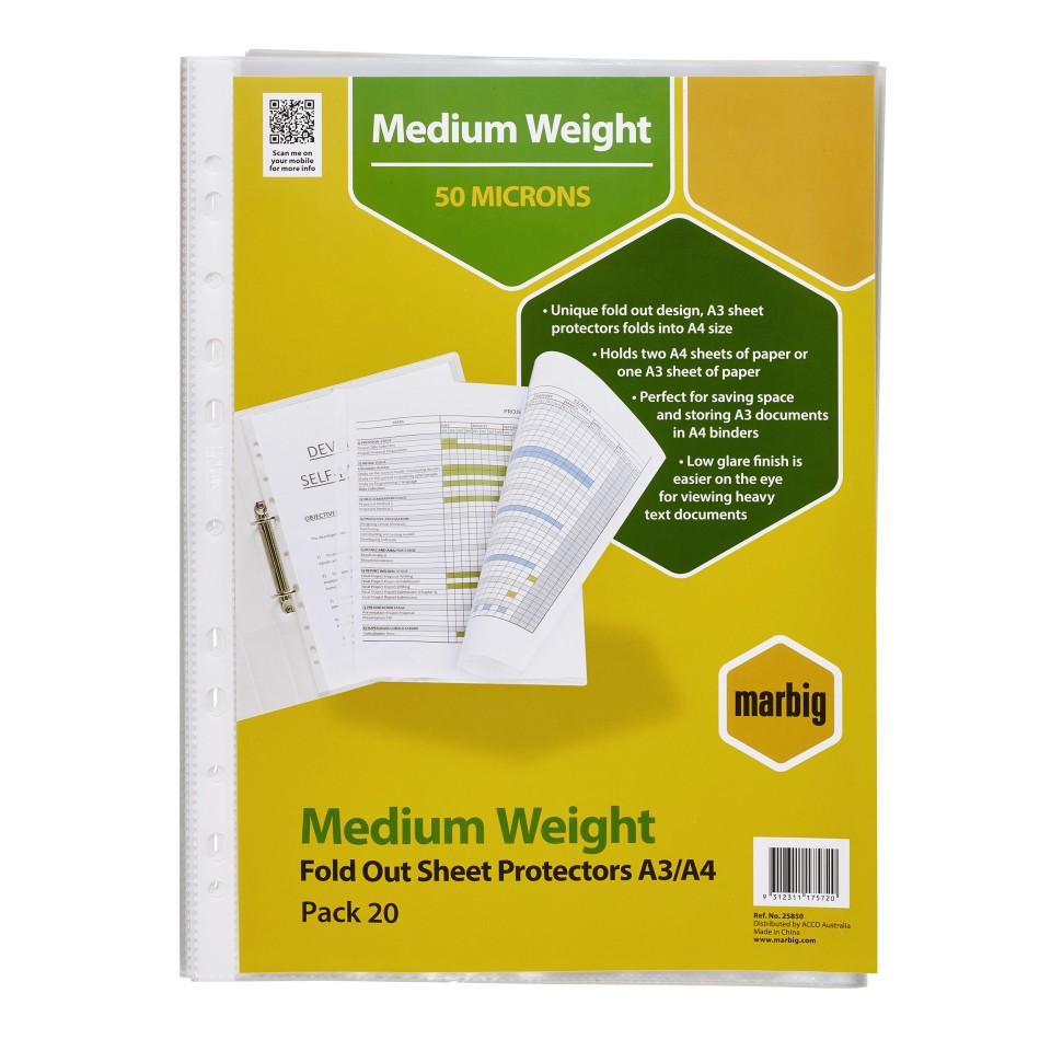 Marbig Copysafe Sheet Protectors Fold Out A3 Pack 20