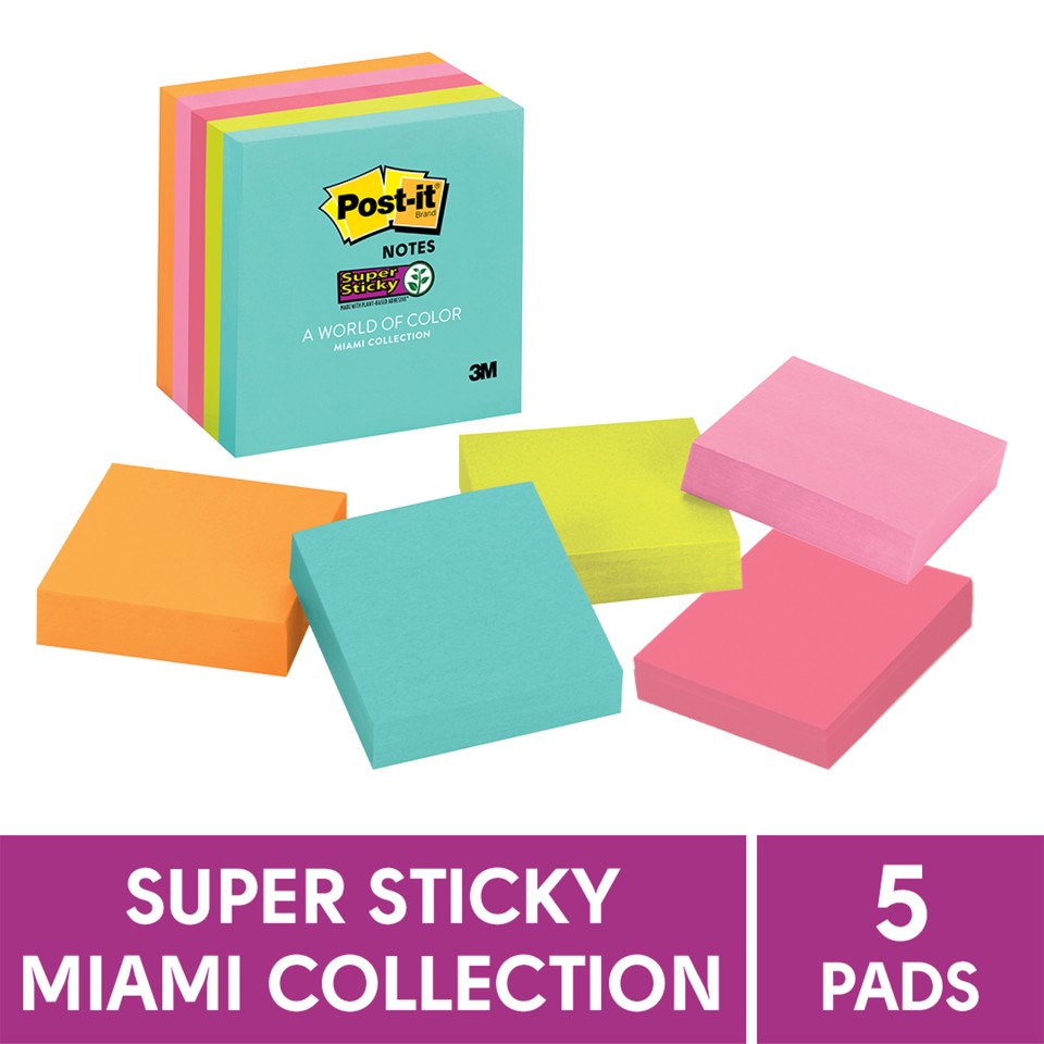 Post-it Super Sticky Self-Adhesive Notes 654-5SSMIA Supernova/Miami 76x76mm Assorted Colours Pack 5