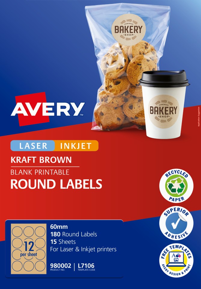 Avery Kraft Brown Round Laser & Inkjet Printers 60mm Permanent Pack 180 Labels (980002 / L7106)