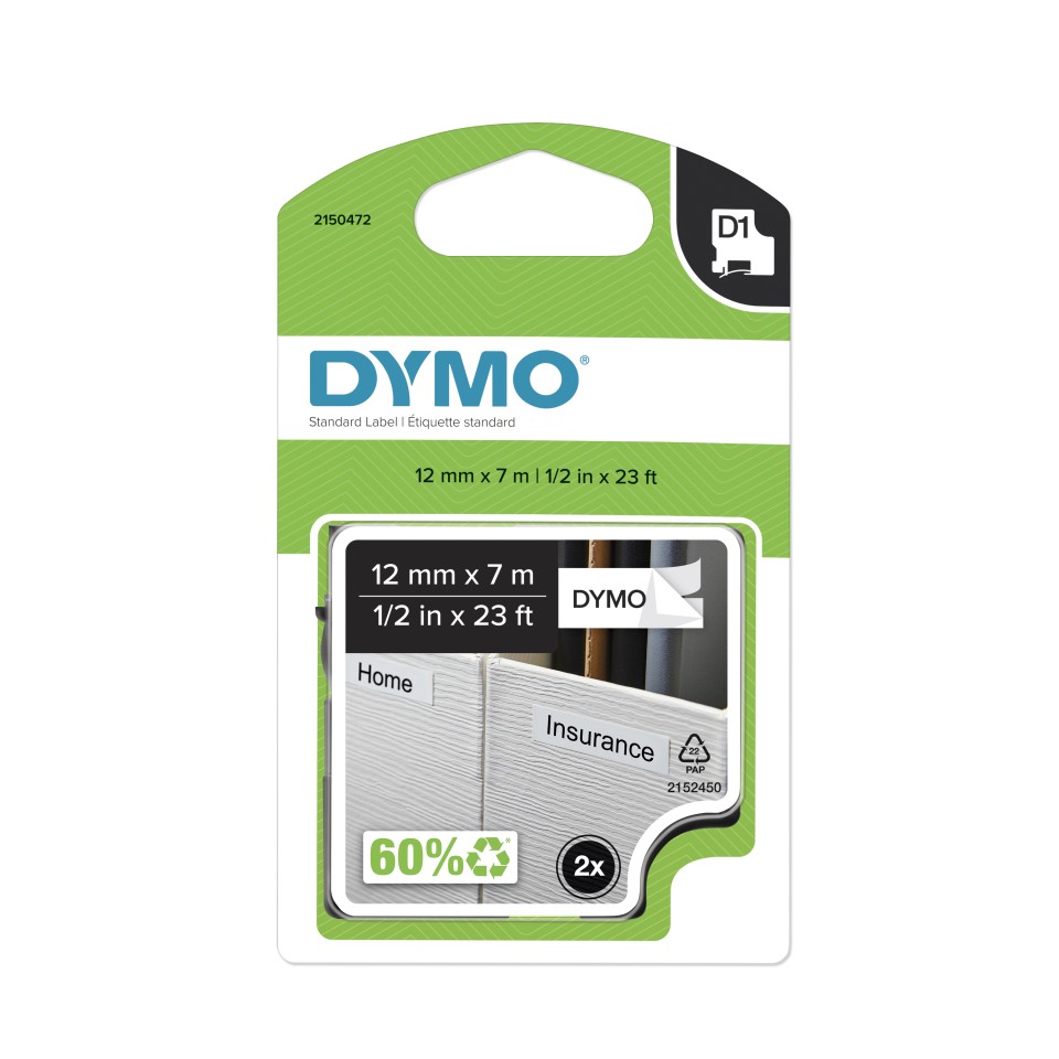 Dymo D1 Label Printer Tape Black On White 12mmx7m Pack 2