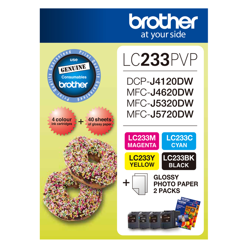 Brother Inkjet Ink Cartridge Photo Paper 4x6 LC233 4 Colour Value Pack