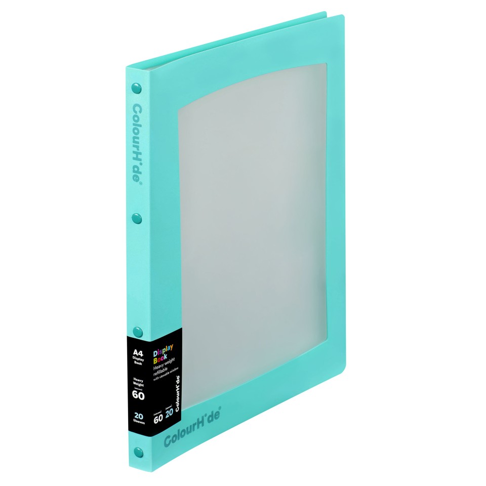 Colourhide A4 Refillable Display Book 20 Pockets Aquamarine