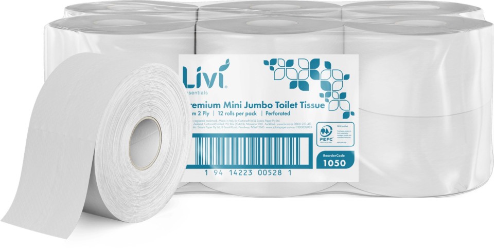 Livi Essentials Premium Mini Jumbo Toilet Tissue 2 Ply White 1050 - ctn 12