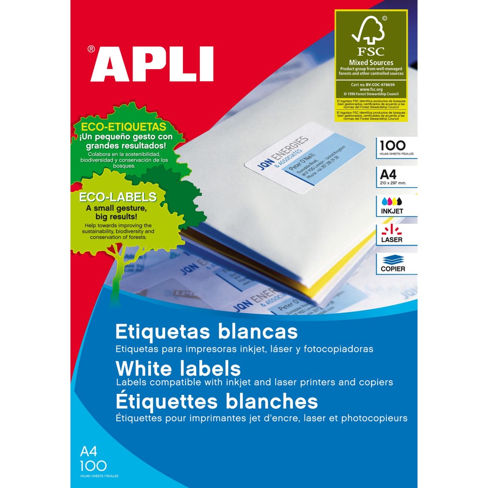 Apli Labels 63.5x38.1mm 21 per A4 Sheet Pack 100