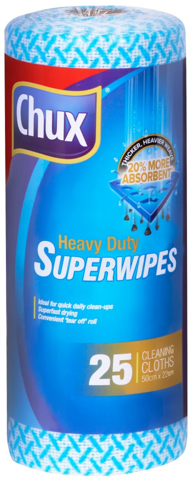 Chux Heavy Duty Super Wipes 50cm x 22cm Blue Roll of 25
