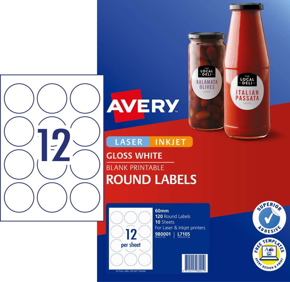 Avery Round Labels Laser Inket Printer 980001/L7105 60mm 12 Per Sheet Gloss White Pack 120 Labels