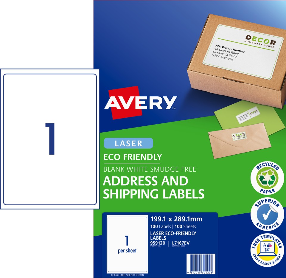 Avery Enviro Shipping Labels  for Laser Printers, 199.6 x 289.1 mm, 100 Labels (959120 / L7167EV)