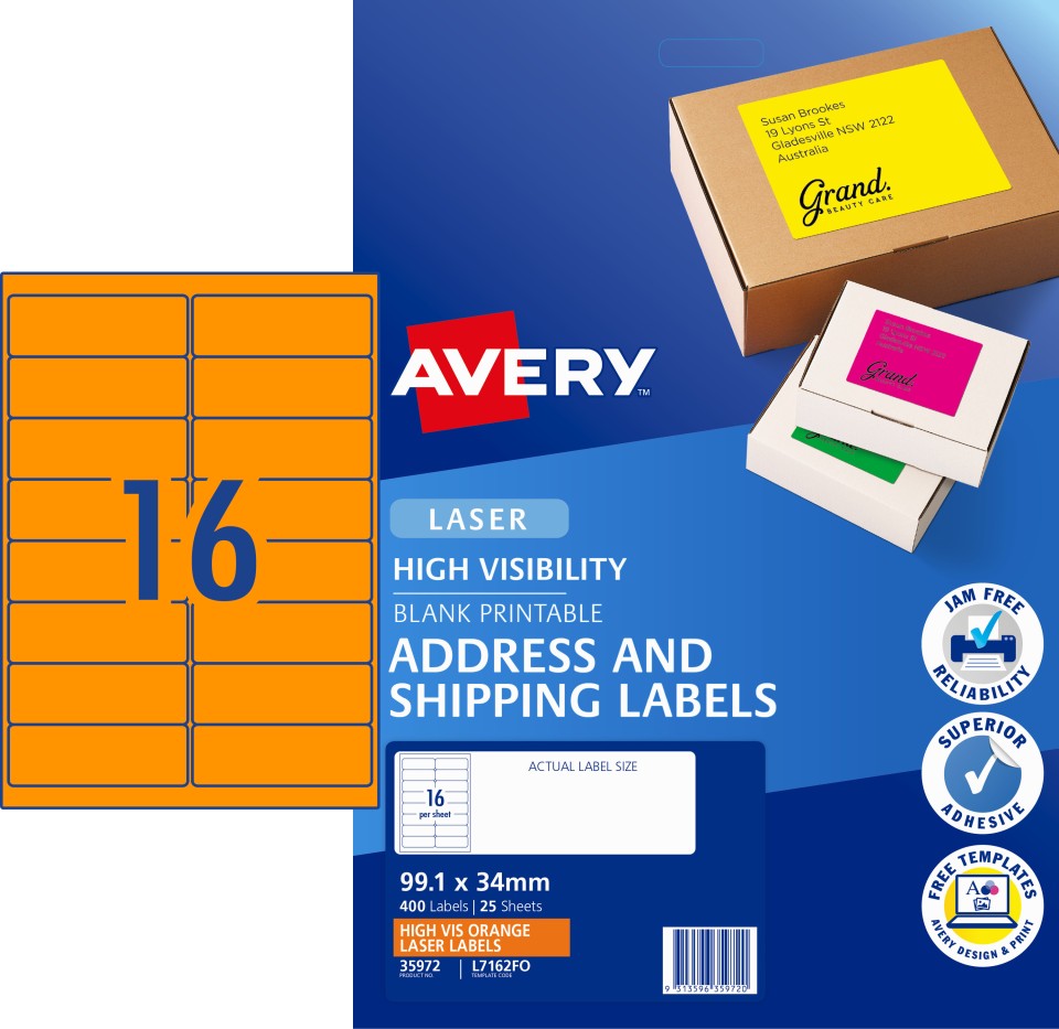 Avery Shipping Labels Laser Printer High Vis 35972/L7162FO 99.1x34mm Fluoro Orange Pack 400 Labels
