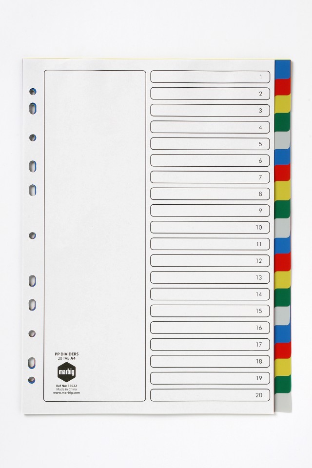 Icon Dividers Polyprop 20 Tab A4 White with Assorted Tabs